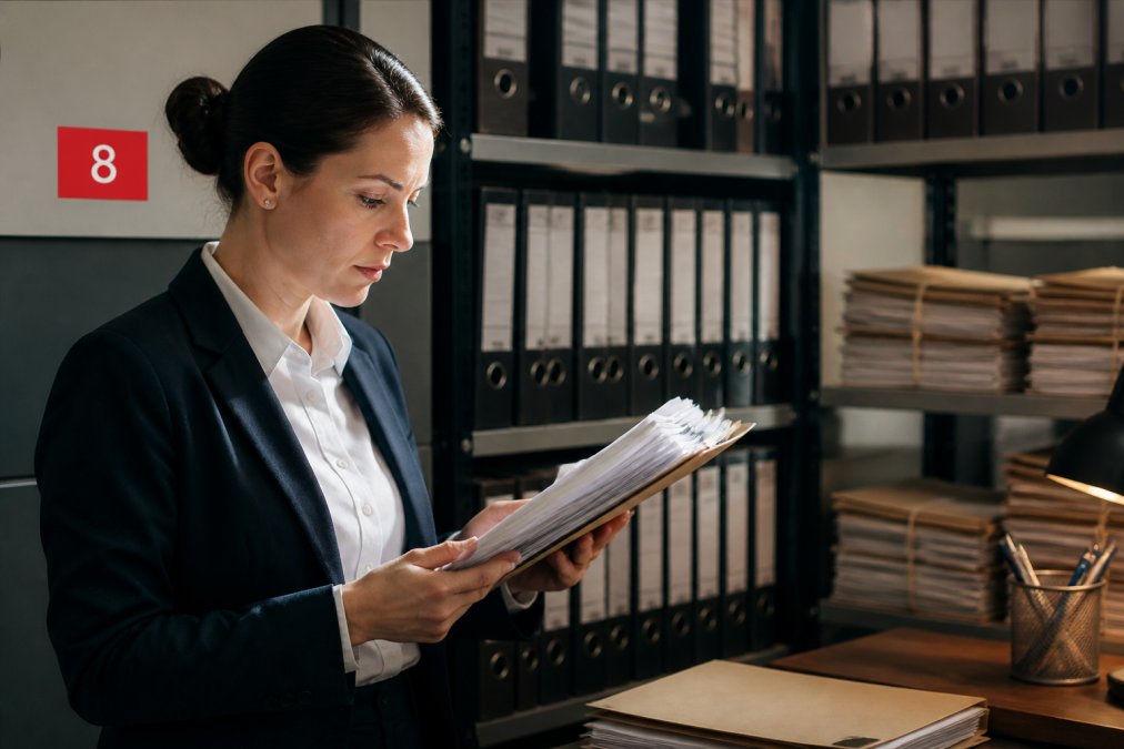 A compliance officer in professional attire reviewing digital screens displaying regulatory documentation, transaction records, and compliance dashboards in a secure office environment with controlled lighting and secure workstations