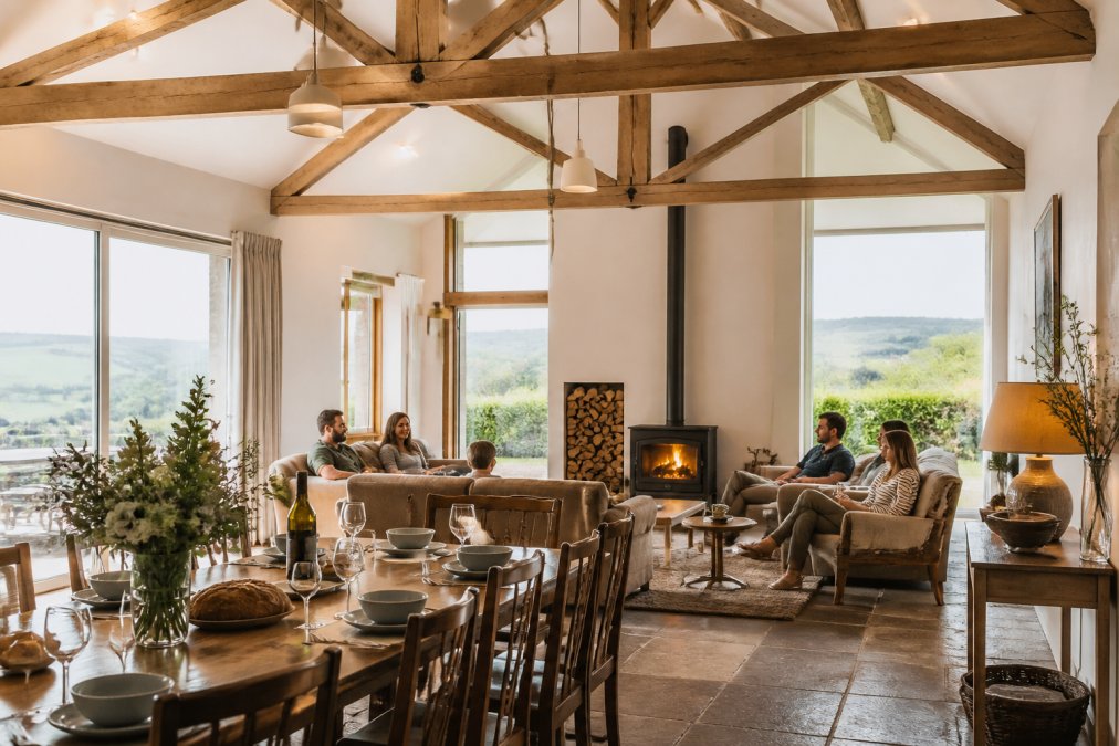 A spacious, bright holiday barn interior with multiple comfortable seating areas, a large dining table, and family members relaxing together by a log burner with countryside views through large windows