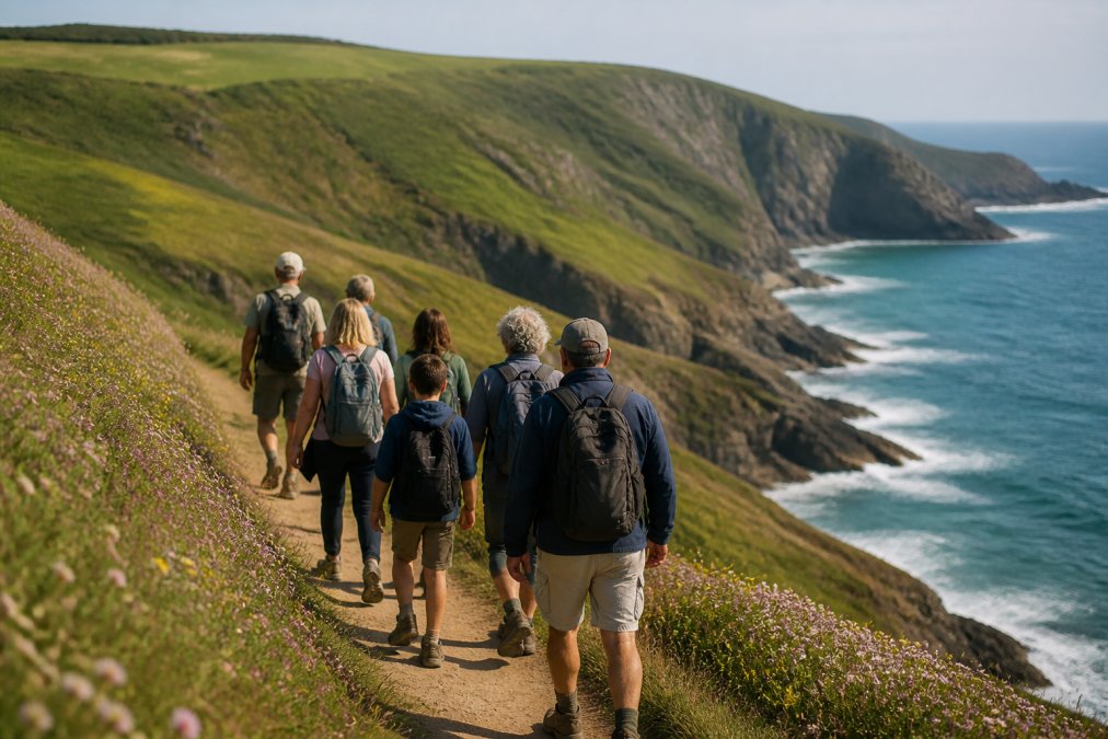 A mixed-age group of people walking along a scenic coastal path with dramatic cliffs, turquoise sea, and wildflowers, demonstrating accessible outdoor activities for diverse fitness levels