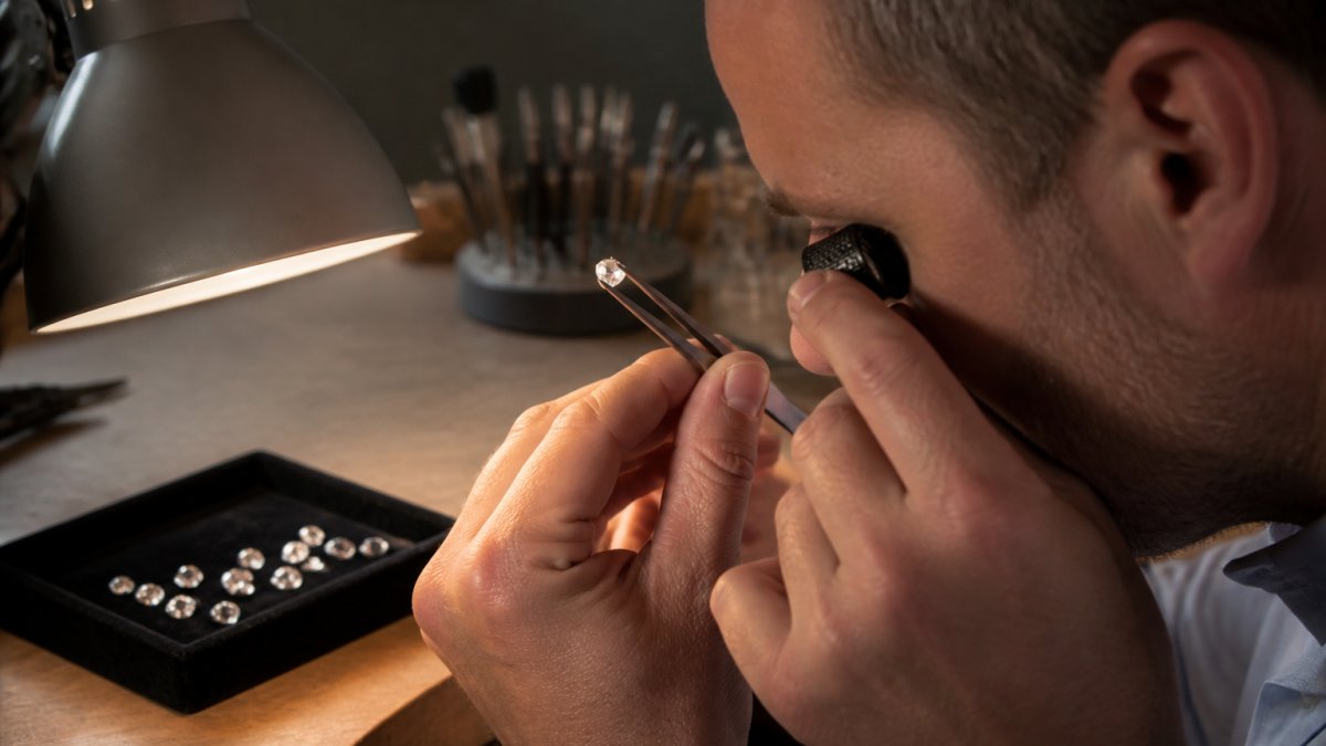 A jeweller holding a loose round brilliant diamond with tweezers under a desk lamp, inspecting it closely against a dark velvet tray in a warm-lit workshop