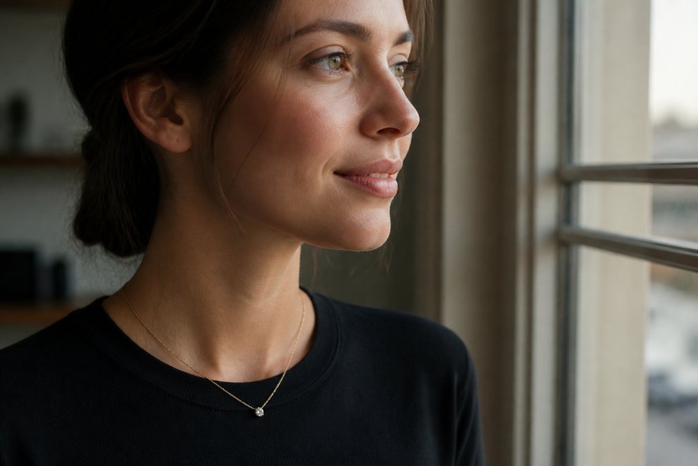 A woman wearing a delicate gold diamond pendant necklace, the diamond resting just above her collarbone against a simple black crew neckline, photographed in soft natural window light
