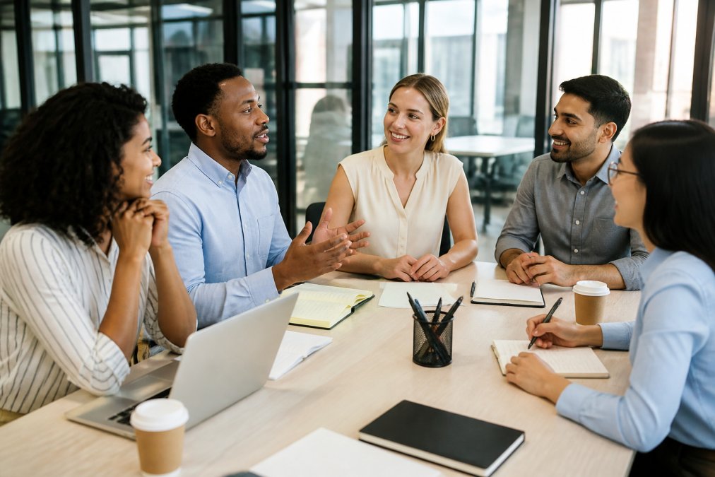 A diverse team of professionals in a bright, modern conference room, engaged in a collaborative discussion around a table with laptops and notebooks