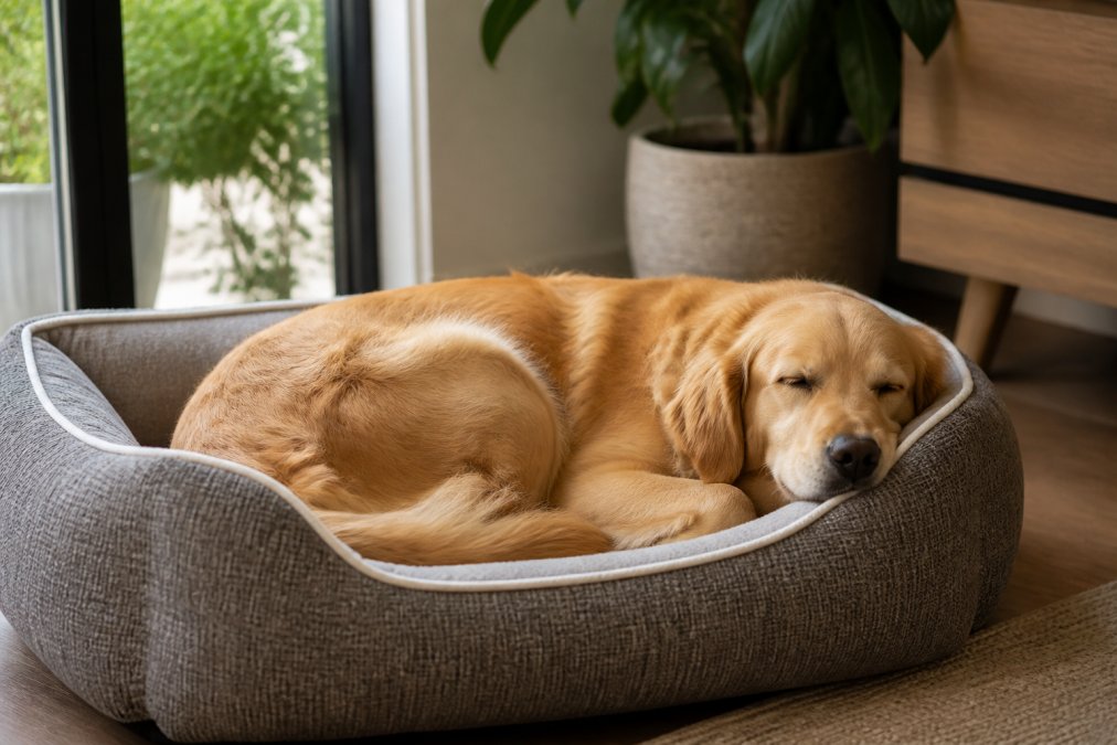 A golden retriever deeply relaxed and curled up in a bolster bed, head resting on the raised fabric edge, with soft natural window lighting
