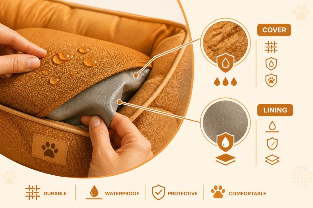 Close-up of a dog bed's waterproof fabric cover and protective lining being examined by hands, showing texture and weave detail in natural daylight