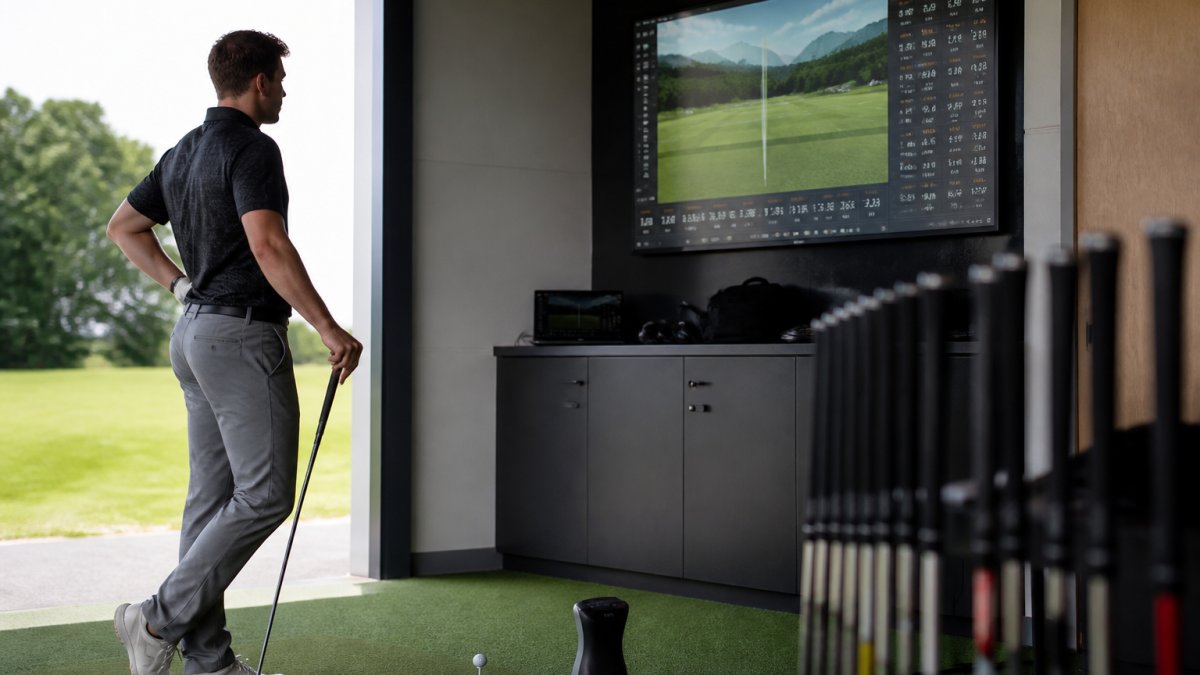Professional golfer at launch monitor station with ball flight data displayed on screen, showing driver shaft testing in modern fitting environment