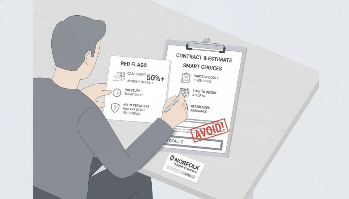 Close-up of a homeowner reviewing a written driveway contract and estimate on a kitchen table with a clipboard and pen, natural afternoon light streaming through a window