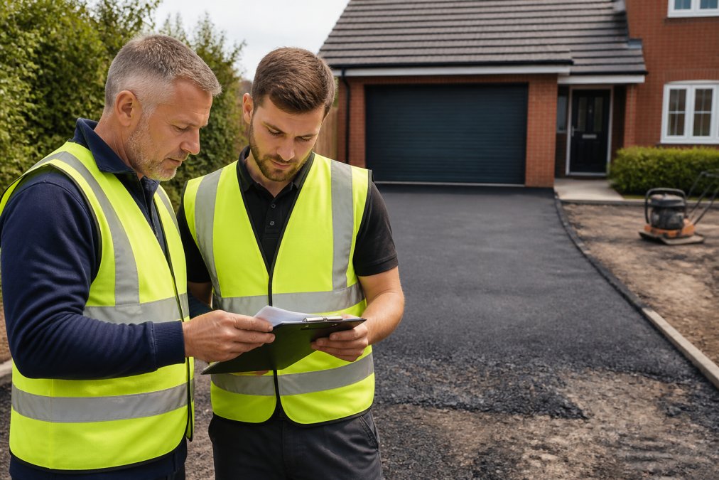 A homeowner and a paving contractor in high-visibility vests reviewing paperwork and plans on a clipboard at the edge of a residential driveway, with a house and a partially paved drive in the background on a bright day