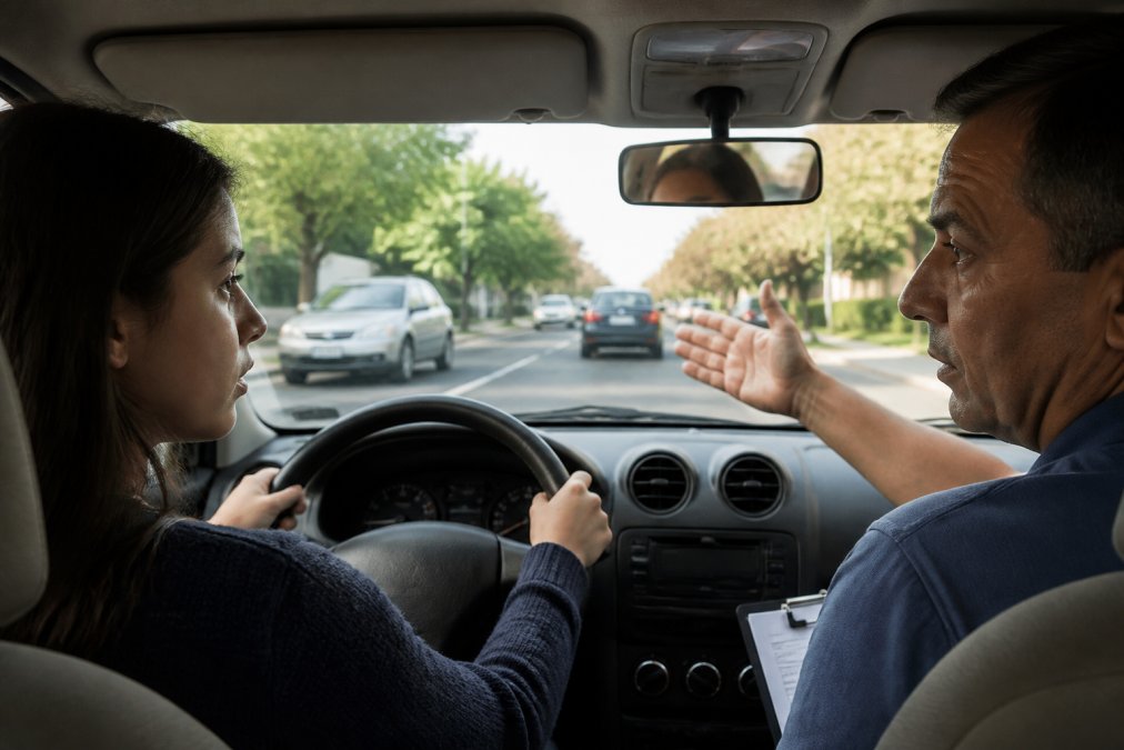 A calm, patient DMV-certified instructor sitting in the passenger seat of a dual-control vehicle, giving clear hand signals and instructions to a nervous student driver on a suburban street with moderate traffic