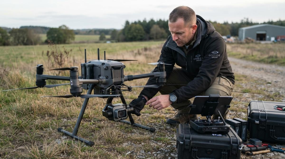 Professional drone pilot performing pre-flight equipment inspection on commercial drone with thermal imaging camera mounted on gimbal, checking battery connections and sensor calibration in morning sunlight
