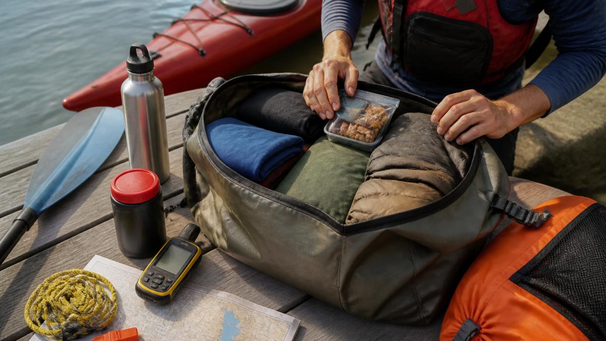Step-by-step diagram showing how to organize gear and clothing inside a dry bag for kayaking trips