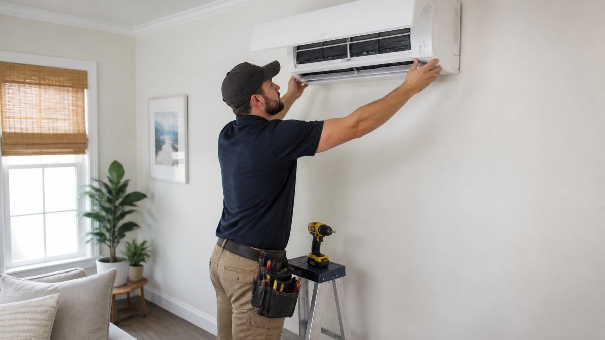 An HVAC technician in work clothes mounting a white wall-mounted indoor mini-split unit in a bright residential living room, with tools and a level nearby