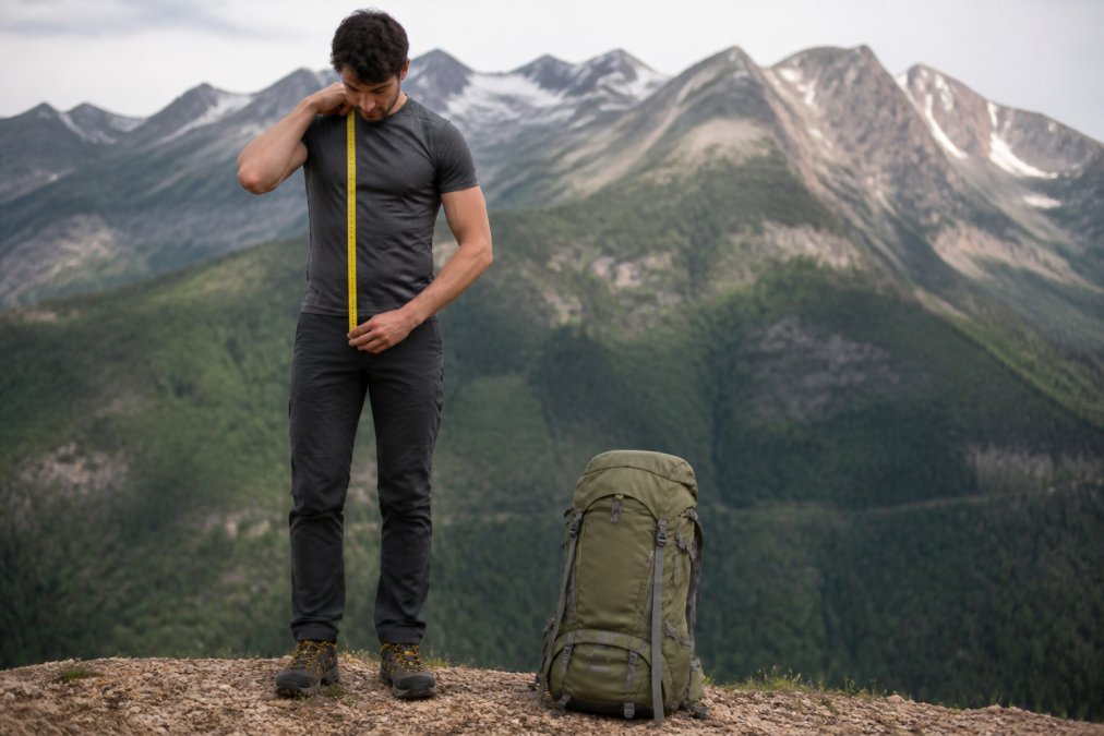 Hiker measuring torso length from base of neck to hip bone in outdoor setting with hiking boots and backpack visible