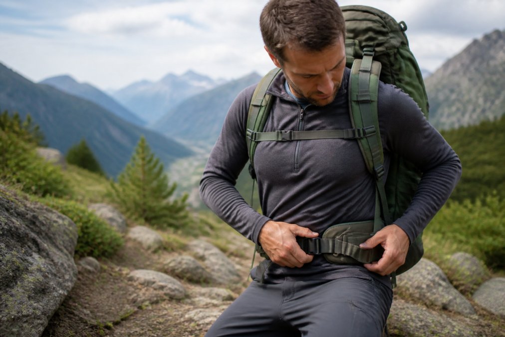 Close-up of hiker's hands adjusting hip belt and shoulder straps on loaded backpack during mountain trail rest