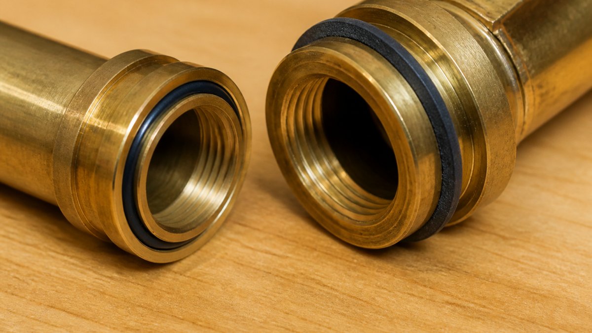 Close-up of sealed brass fittings and gasket materials at the eyepiece and object chamber junction, showing the difference between a tight seal and a loose gap