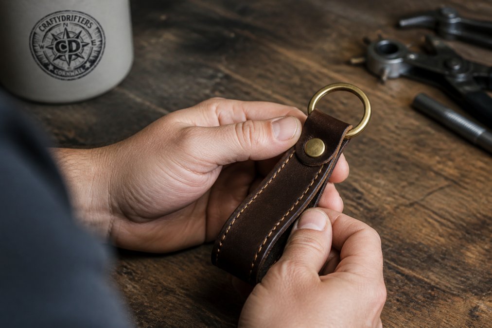 Close-up of hands holding a handmade full-grain leather keyring with a solid brass split ring, showing the grain texture and stitching detail against a worn wooden workbench