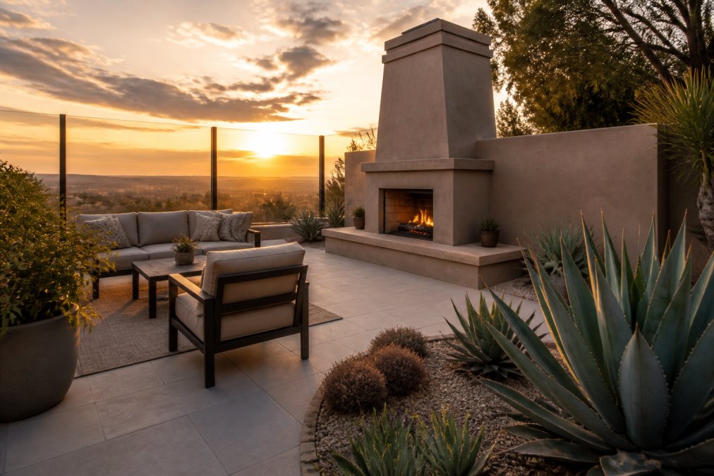 A modern backyard patio with a large cast concrete outdoor fireplace positioned against a partial privacy wall, desert landscaping with agave plants in the foreground, and a clear windbreak barrier on the prevailing wind side during late afternoon golden hour
