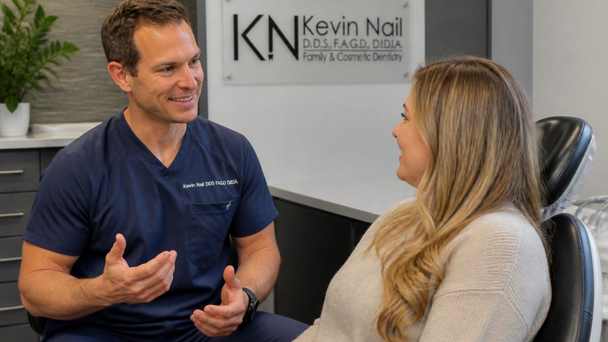 Dentist in professional attire speaking with patient in dental chair in calm, well-lit office with warm lighting, showing attentive listening and relaxed patient posture