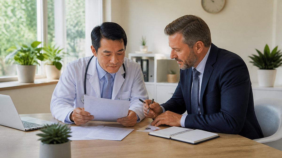 A doctor reviewing financial documents with a financial adviser at a desk