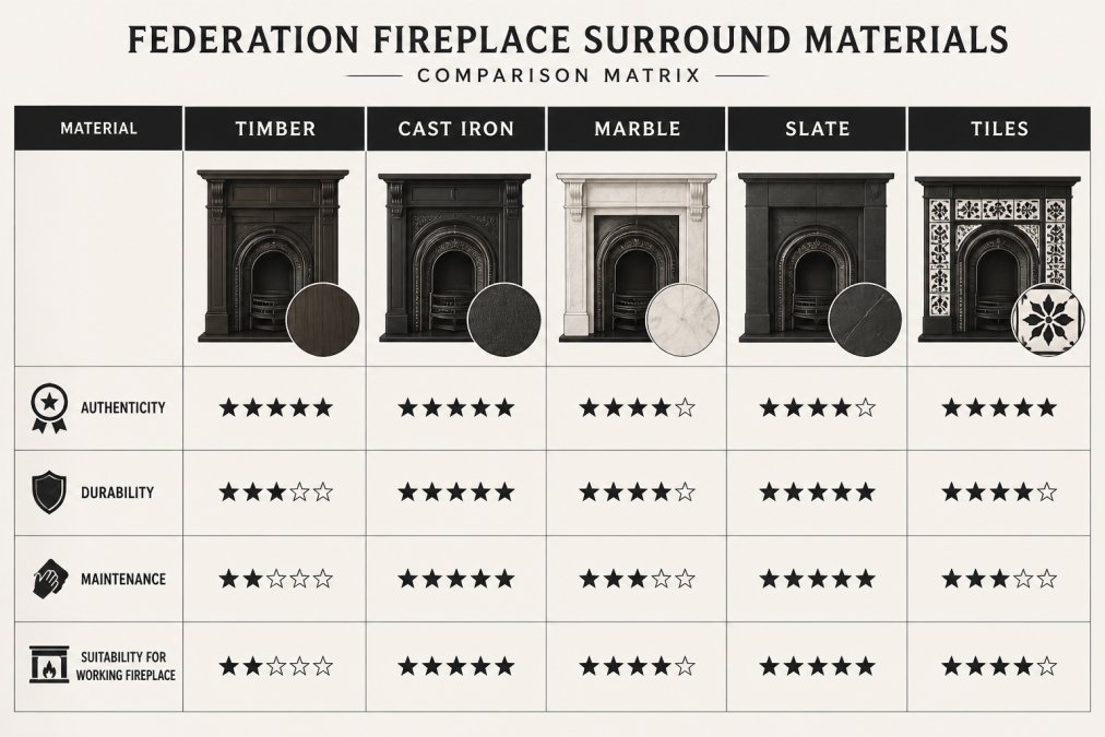 Comparison matrix of Federation-era surround materials, timber, cast iron, marble, slate and tiles, rated on authenticity, durability, maintenance and suitability for a working fireplace