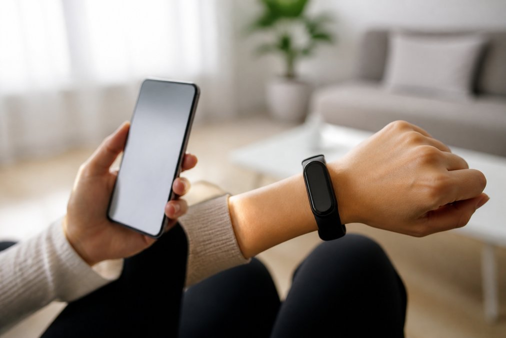 Close-up of a person's wrist wearing a sleek fitness tracker with a bright display, while they hold a smartphone showing a fitness app in a bright, minimal living room
