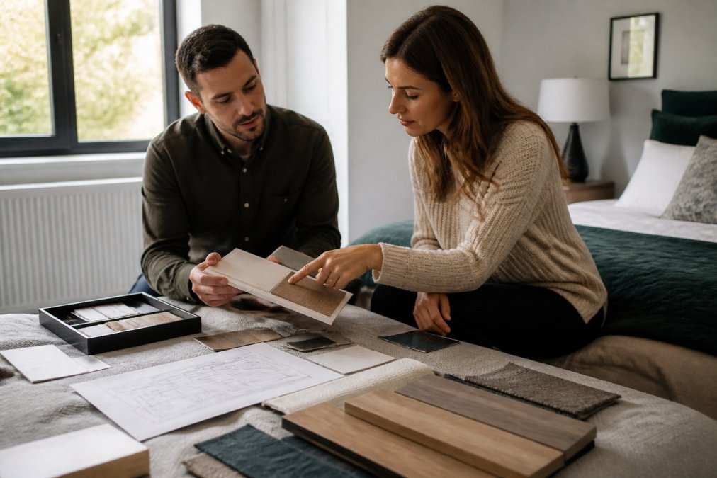 Designer and homeowner reviewing fitted wardrobe material samples and design plans together in a bedroom during initial consultation, natural daylight from windows