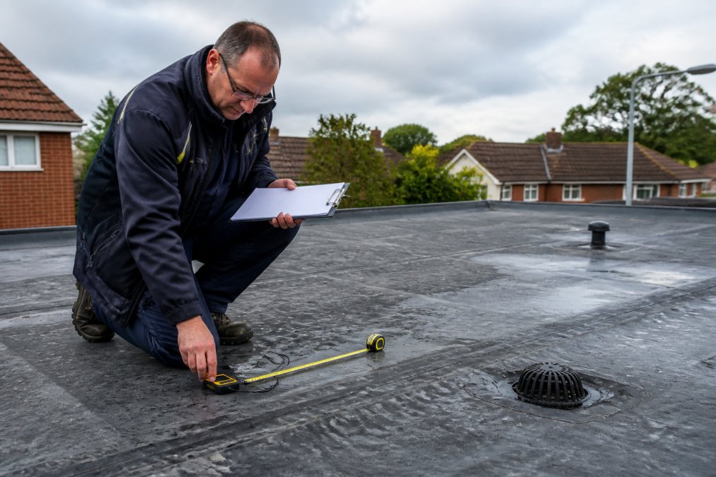 Flat roof contractor inspecting a garage roof surface and drainage with tools during a site assessment