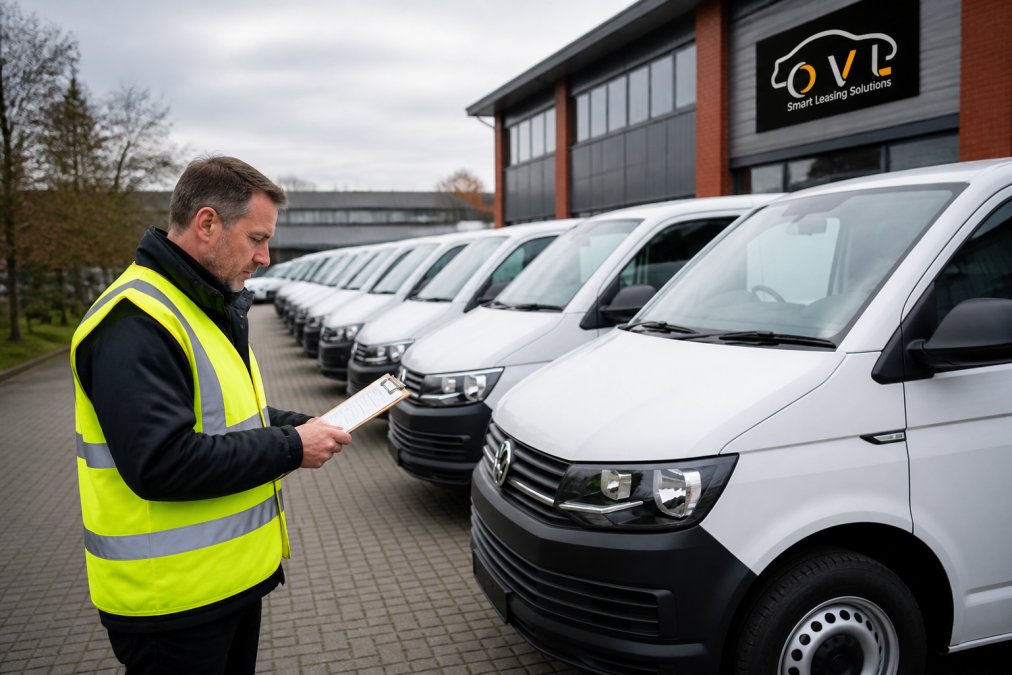Manager with a clipboard inspecting a fleet management company vehicle fleet in an Oxfordshire business park