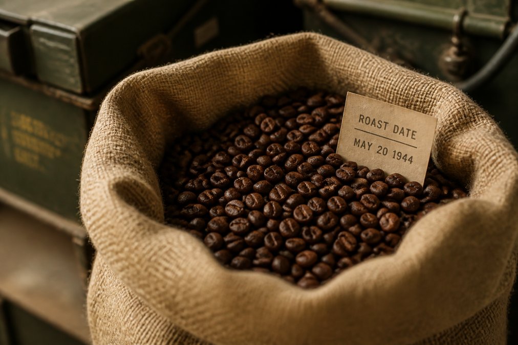 Close-up of freshly roasted coffee beans in a burlap bag with a roast date label visible, showing rich color and aroma