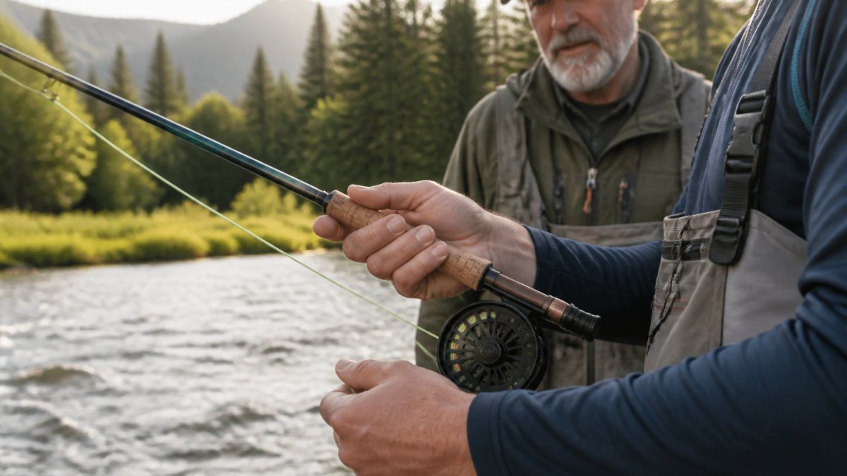 Angler practicing their casting stance at the water's edge to help choose a fly rod that fits their technique.