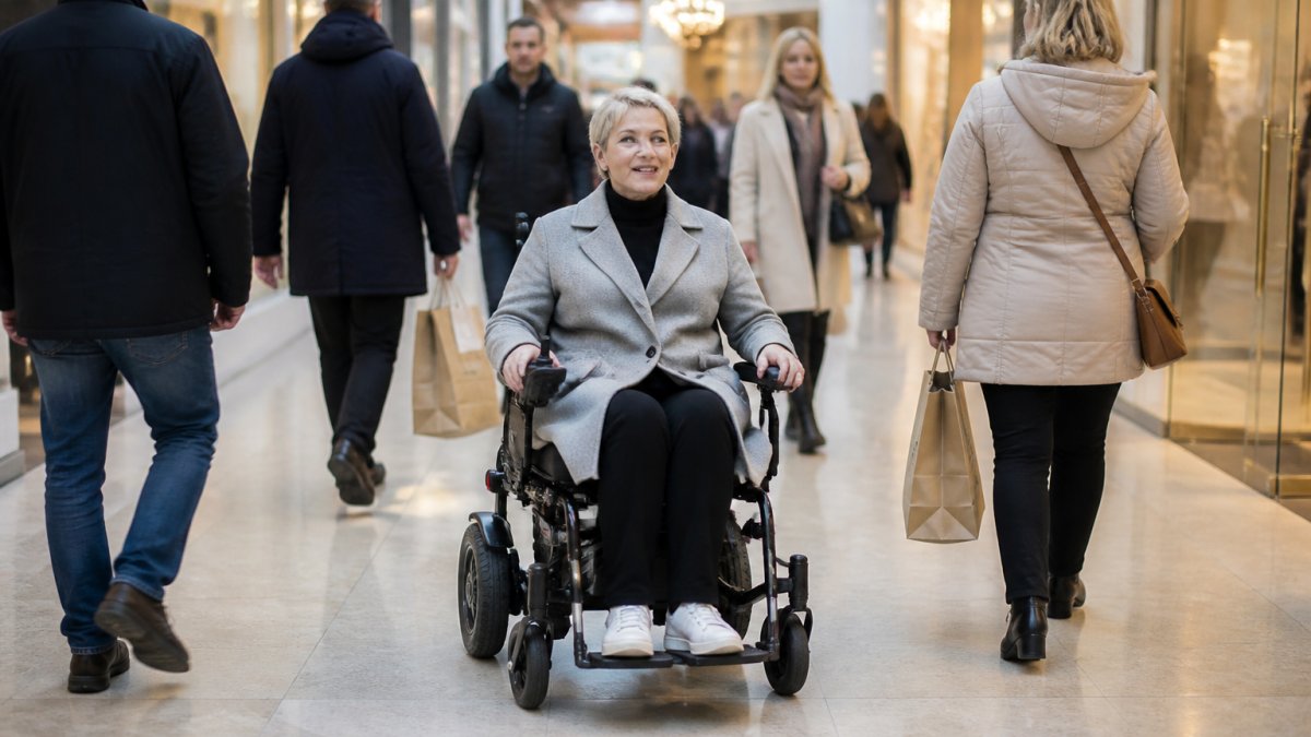 Person in a folding electric wheelchair navigating smoothly through a busy shopping centre, moving between shoppers with ease and confidence