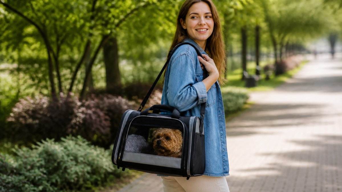 Pet owner carrying a compact folding pet carrier over one shoulder while walking outdoors with a small dog visible through the carrier's mesh window, natural daylight