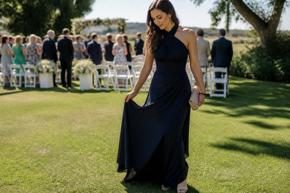Woman in a navy formal wedding guest dress walking across a lawn at an outdoor ceremony with blurred chairs