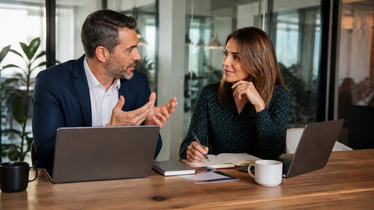 Professional business executive and fractional CMO having a strategy discussion in a modern office, reviewing marketing plans and data dashboards on laptops with notebooks and coffee cups on a polished desk