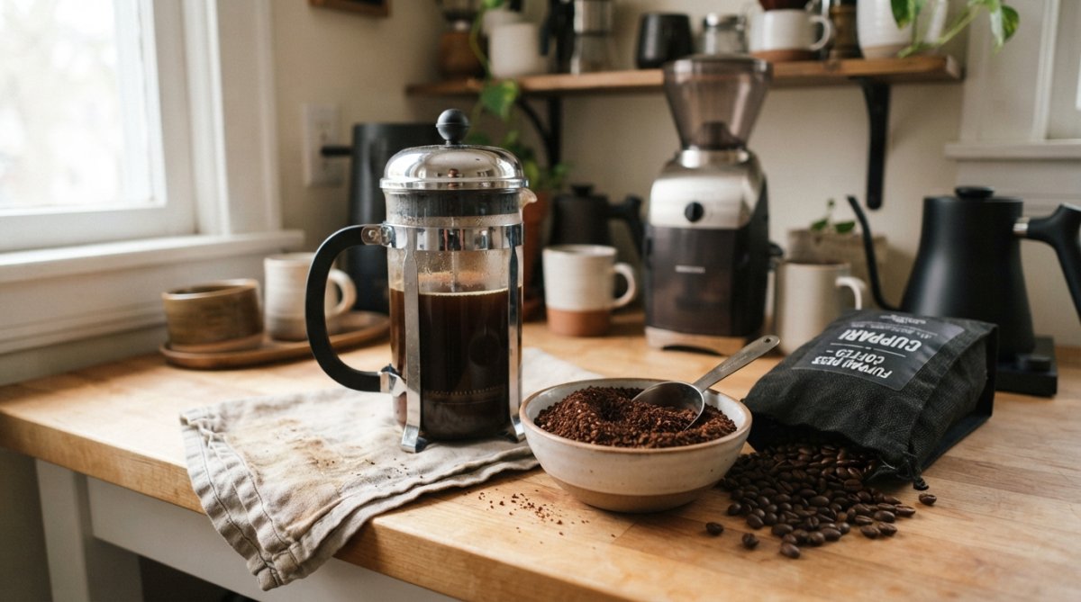 Close-up of freshly roasted coffee beans being ground, with various brewing equipment visible in the background including a French press, espresso machine, and pour-over cone