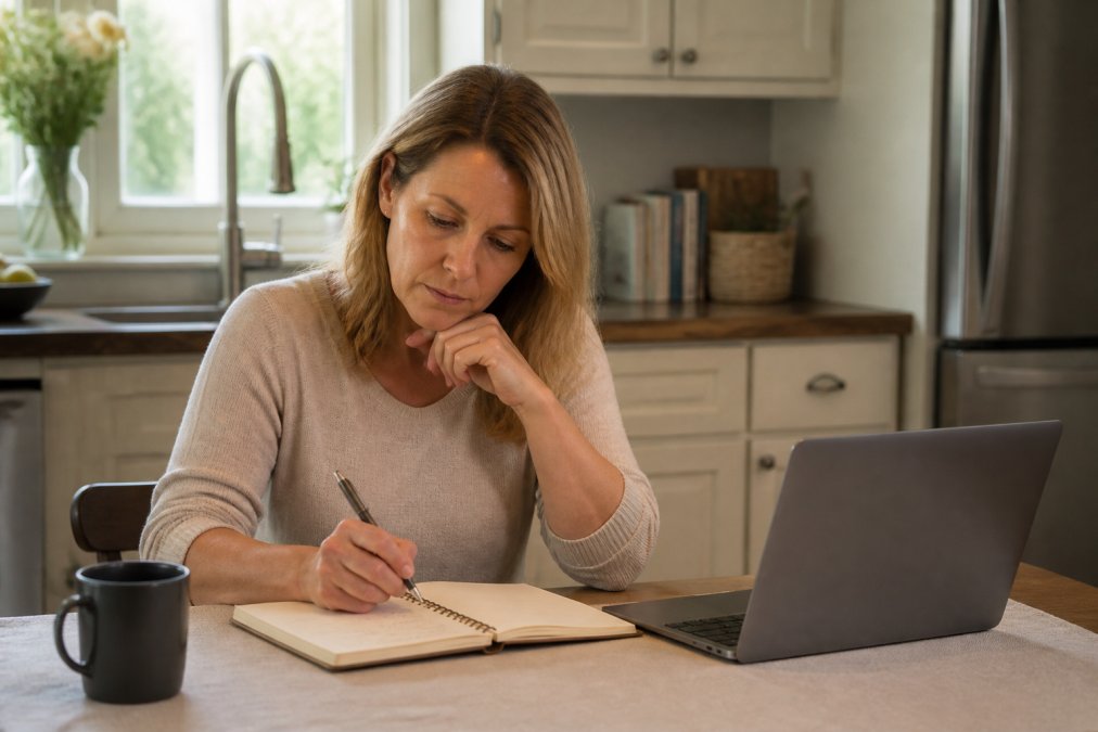 A woman in her 40s sitting at a kitchen table with a notebook and laptop, reviewing a list of questions before a telehealth consultation, warm natural light