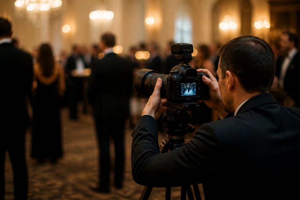 Professional photographer adjusting camera settings in a dimly lit formal ballroom during a gala, with guests in formal attire visible in soft background lighting