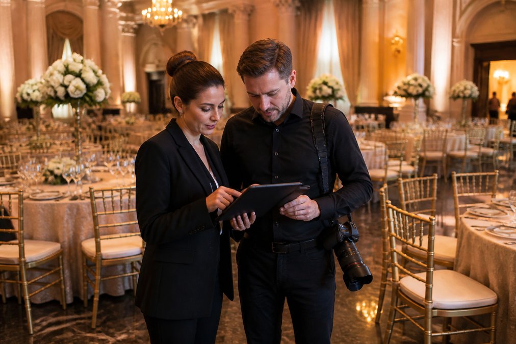 Event planner and photographer reviewing a detailed shot list on a tablet while walking through an elegant gala venue with round tables and formal décor