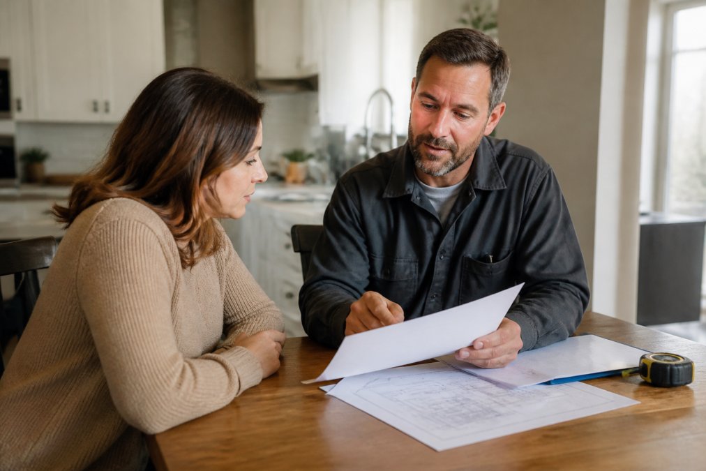 A homeowner sitting across a kitchen table from a contractor in work attire, reviewing printed documents together in a well-lit home setting