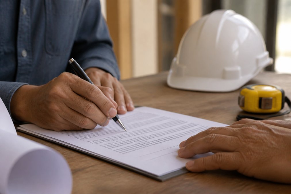 Close-up of two hands, one holding a pen about to sign a formal contract document, with a hard hat and measuring tape visible in the background on a desk