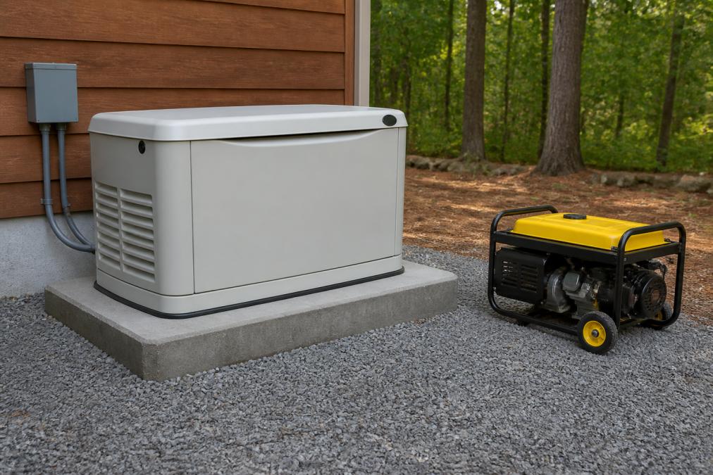 Standby generator unit mounted on concrete installation pad outside rural property with weatherproof enclosure, portable generator unit visible nearby for visual comparison