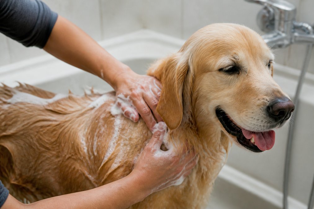 Close-up of a person's hands gently lathering a wet, calm golden retriever's back with a small amount of shampoo in a home bathroom, soft natural lighting, shallow depth of field