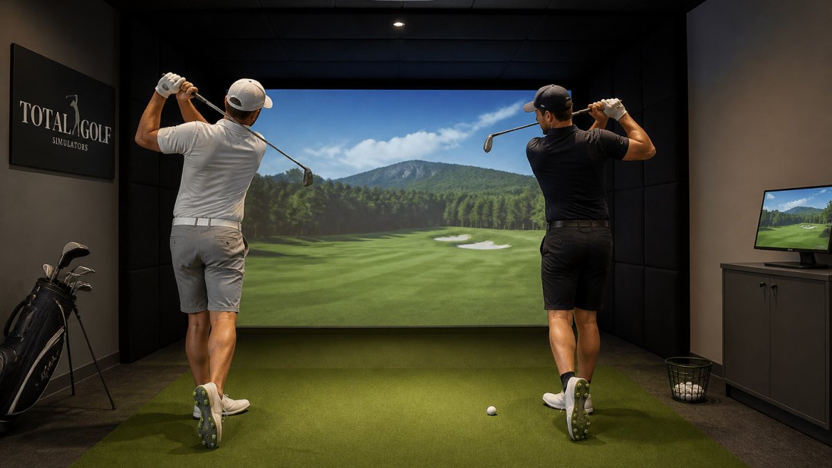 Left-handed and right-handed golfers practicing on a hitting mat in a home simulator room with an overhead monitor