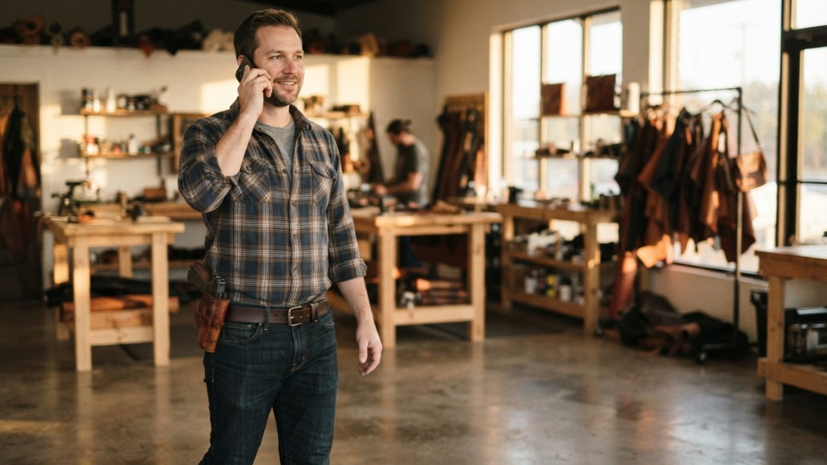 Person wearing a leather holster on a sturdy belt that sits flush against the waist to prevent shifting.
