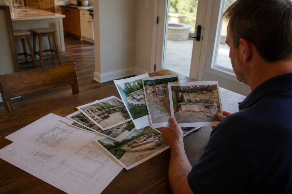 Homeowner seated at kitchen table reviewing printed portfolio photos and design plans of completed hardscape projects, with sketches and measurements visible under warm natural lighting