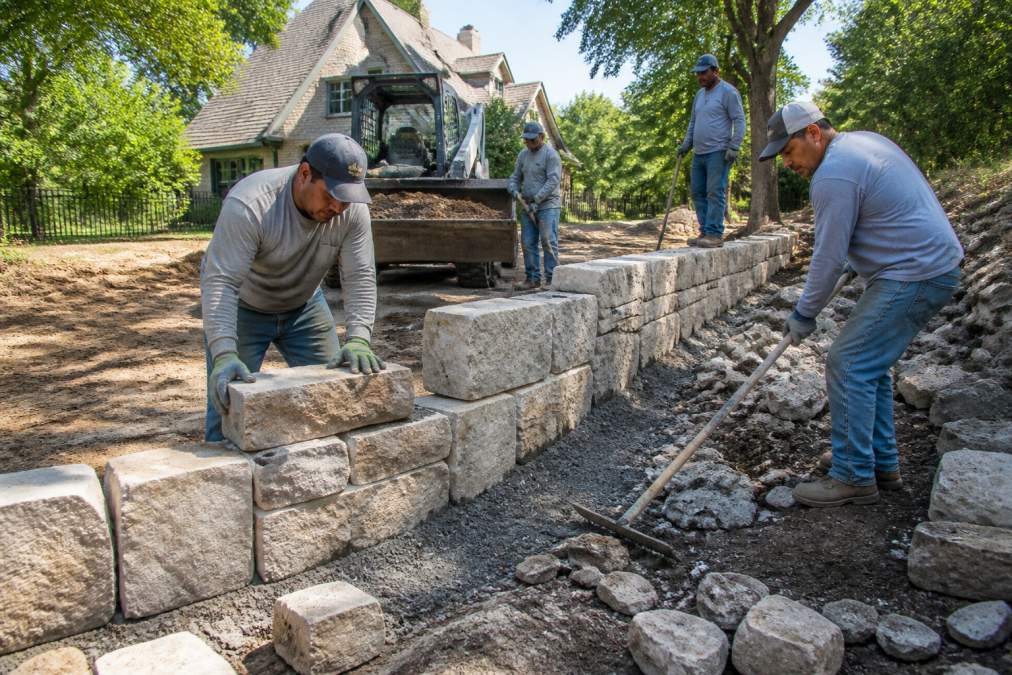 Professional hardscape crew working on-site with specialized equipment and stone materials, installing a retaining wall with skilled precision, showing coordinated teamwork and quality workmanship under daylight