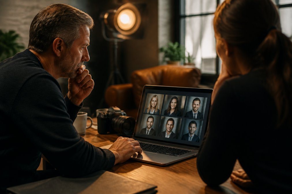 Professional reviewer examining headshot images on a laptop screen in natural studio lighting, closely evaluating expression, lighting quality, and technical details
