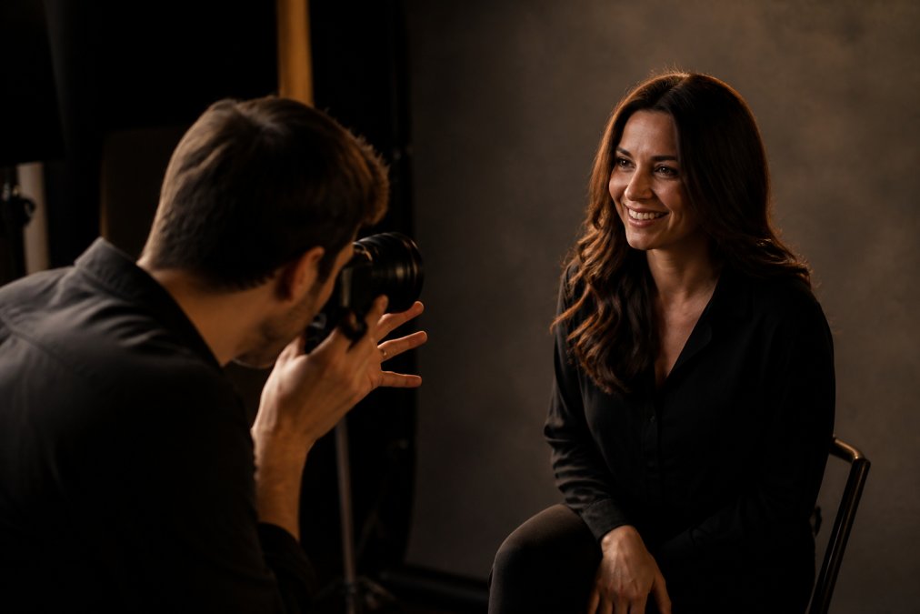 Photographer and actor in a studio during a headshot session, demonstrating relaxed interaction, natural communication, and comfortable working relationship