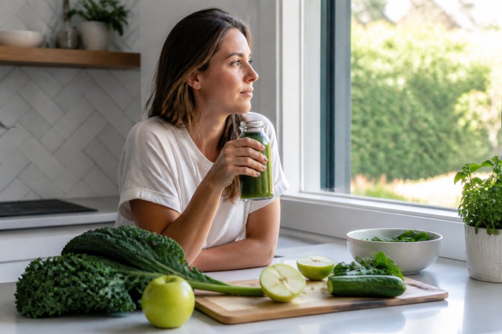 Woman in a bright kitchen holding a glass of green juice for a healthy juice cleanse with fresh kale and apples