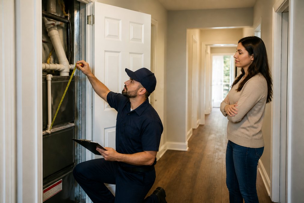 HVAC technician measuring a utility closet to determine the correct size for a high-efficiency furnace installation.