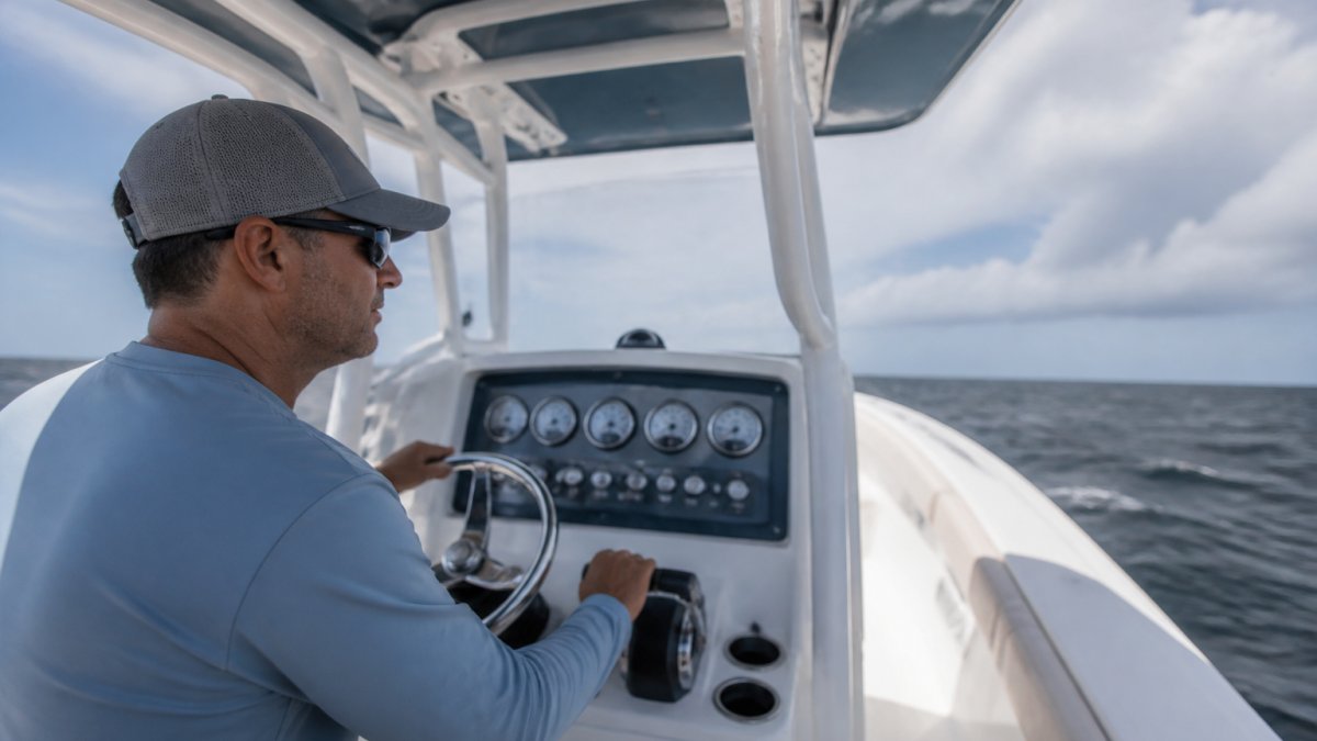 Professional captain monitoring engine gauges while sea trialing a high performance center console boat